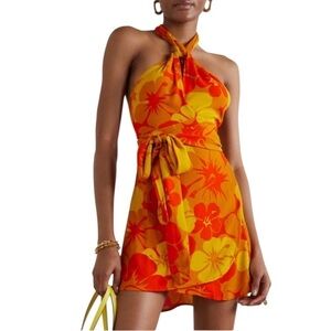 Faithfull the Brand Orange and Yellow Floral Halter Midi Dress